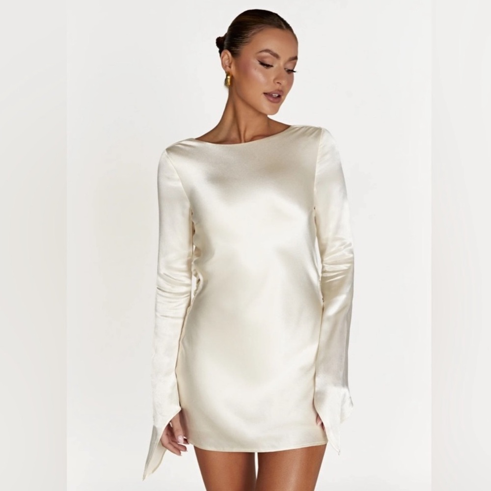 Meshki Cream Silky Low Back Davina Sheath Dress with Bishop Sleeves
